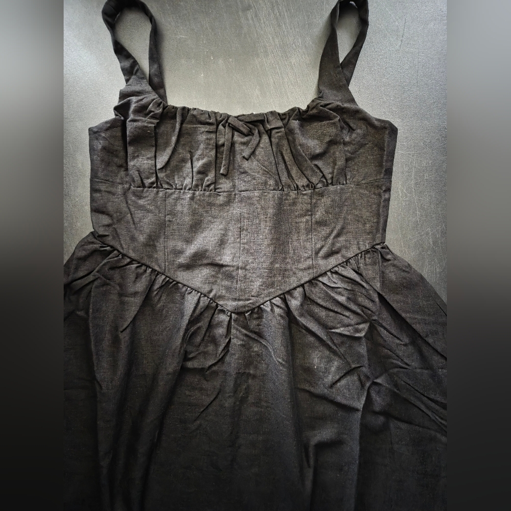 NWT - Maison D'Amelie Linen Blend Corset Detailed Smock Back Black Maxi Dress-L - Picture 10 of 14